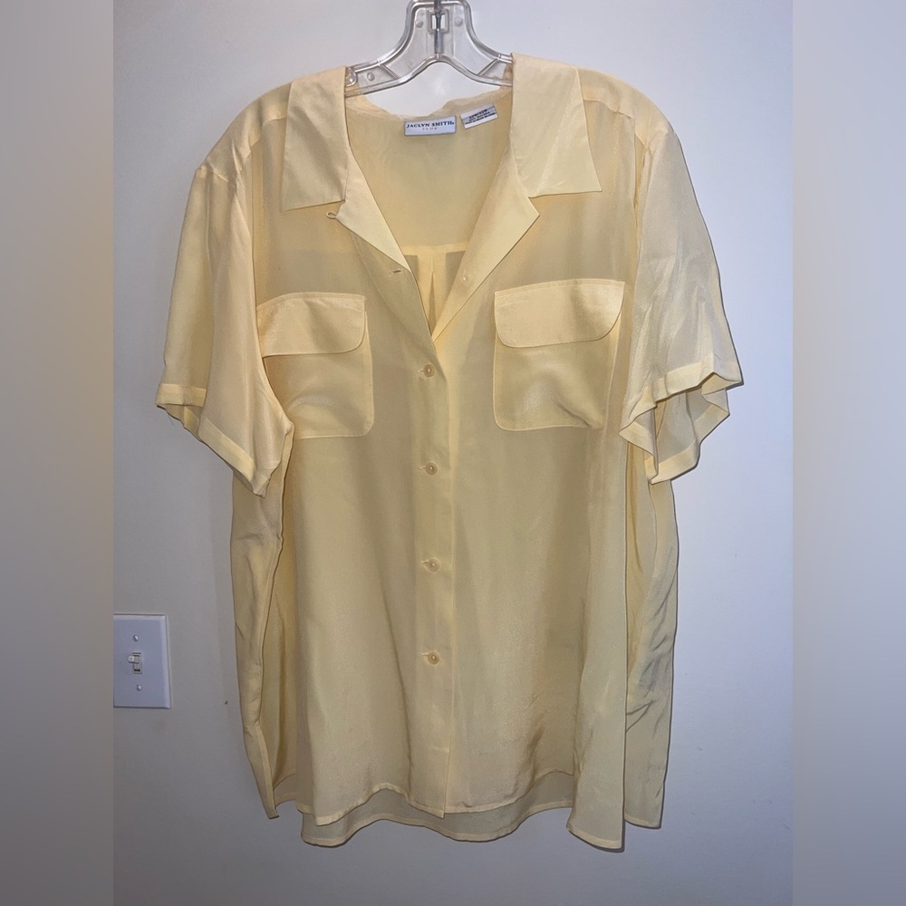 Jaclyn Smith Plus‎ 100% Silk Sheer Yellow Button Front Blouse 22W 24W